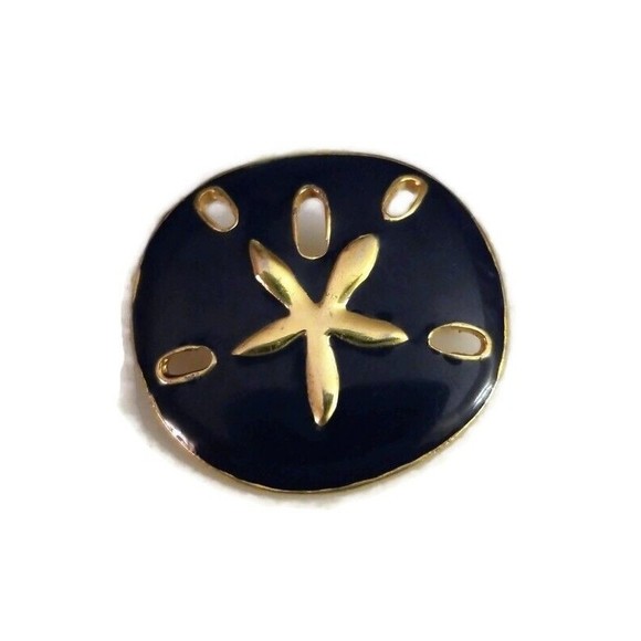 Unbranded Jewelry - Ornate Vintage Blue Gold Tone Embossed Relief Sand Dollar Modernist Brooch Pin